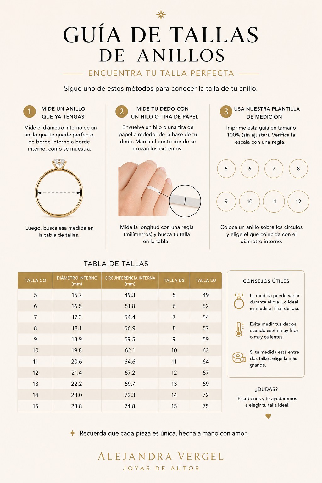 Guía de tallas de anillos Alejandra Vergel — tabla de medidas CO, US y EU
